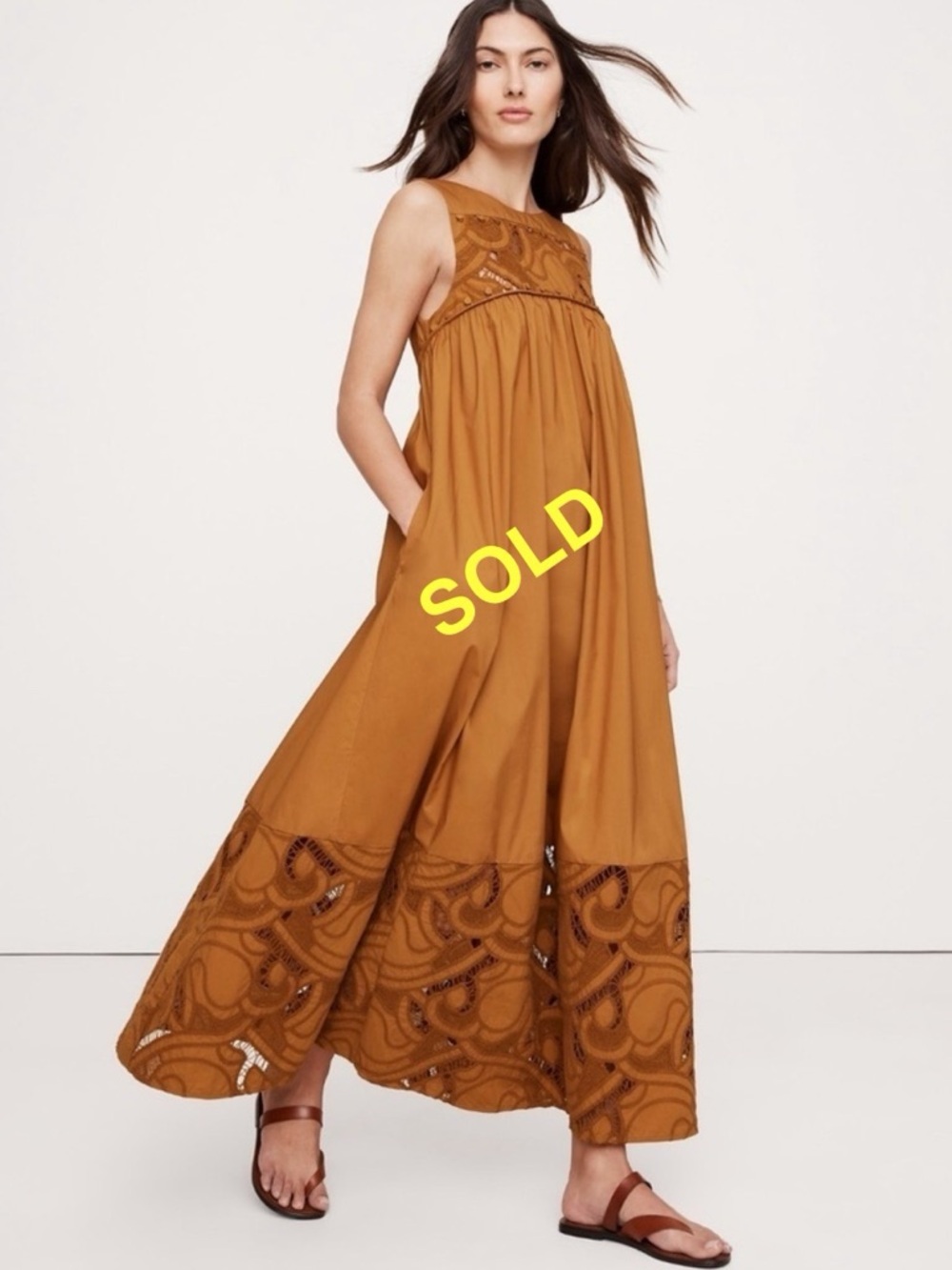 Banana Republic Poplin Cotton Embroidered Maxi Dress Goldenrod